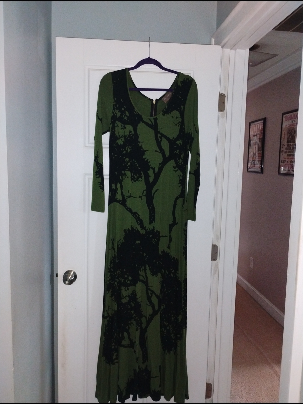 Olive Green Maxi Dress with Cactus Black Tree Motif